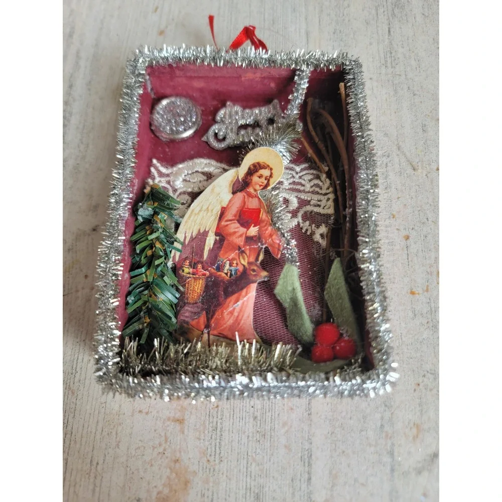 Vintage Angel tinsel shadow box unique ornament Xmas religious deer